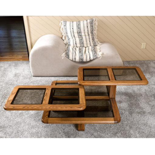 1980s oak articulating square coffee table with smoked glass