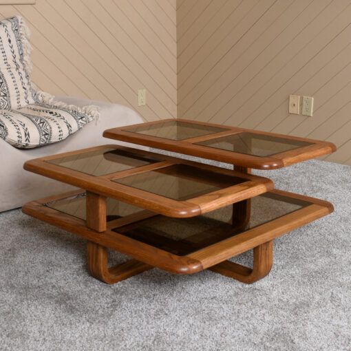 1980s oak articulating square coffee table with smoked glass