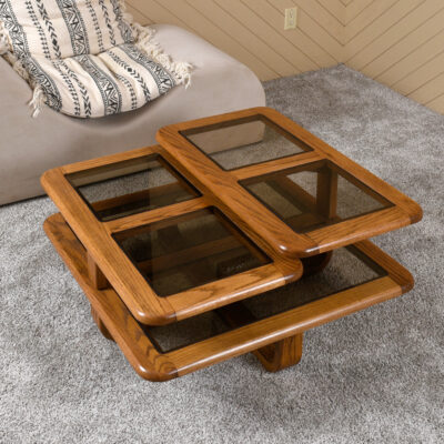 1980s oak articulating square coffee table with smoked glass