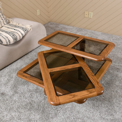 1980s oak articulating square coffee table with smoked glass