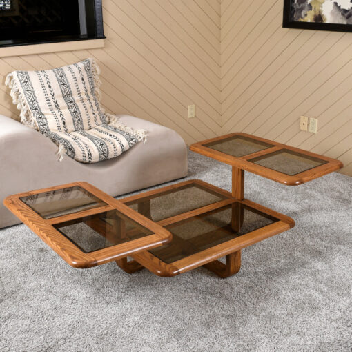 1980s oak articulating square coffee table with smoked glass