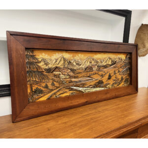Vintage Wood Carved Painting of Bavarian or Alpine Mountain Village