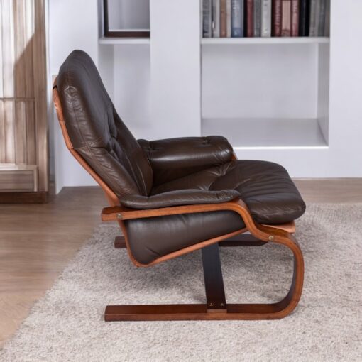 Brown leather cantilever Scandinavian sling chairs