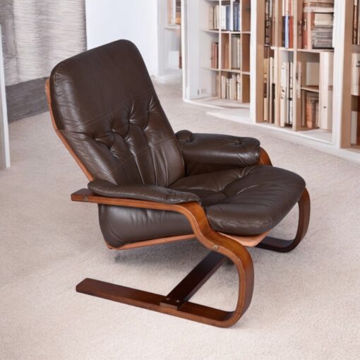 Brown leather cantilever Scandinavian sling chairs