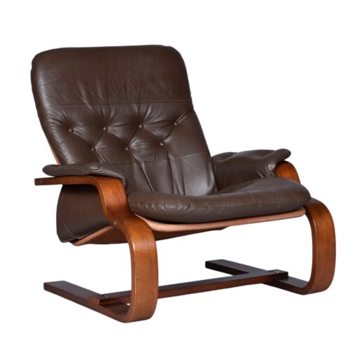 Brown leather cantilever Scandinavian sling chairs