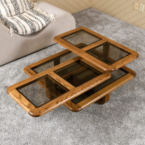 1980s oak articulating square coffee table with smoked glass