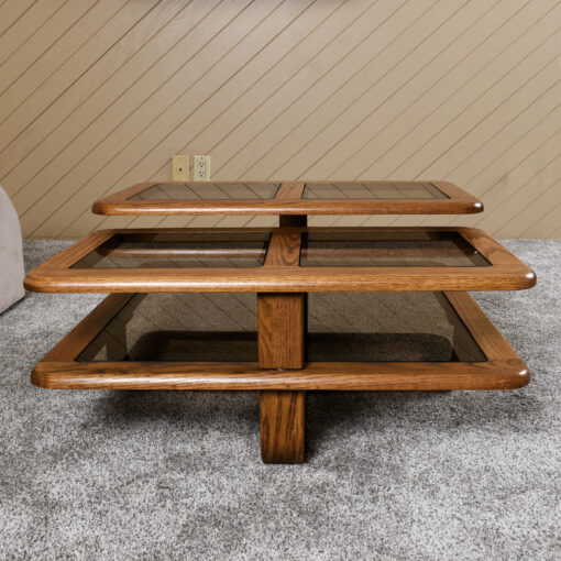 1980s oak articulating square coffee table with smoked glass
