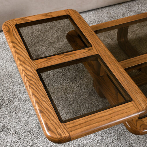 1980s oak articulating square coffee table with smoked glass