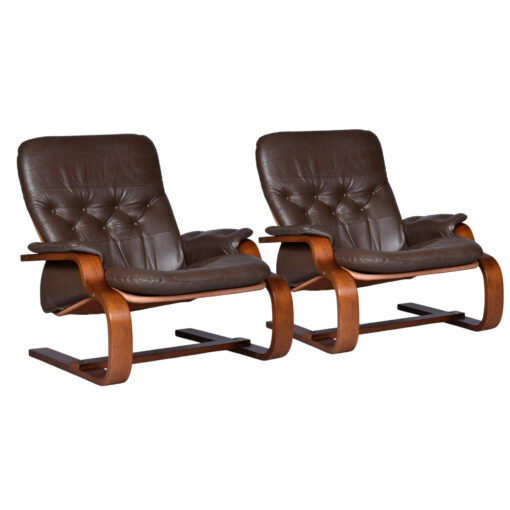 Brown leather cantilever Scandinavian sling chairs