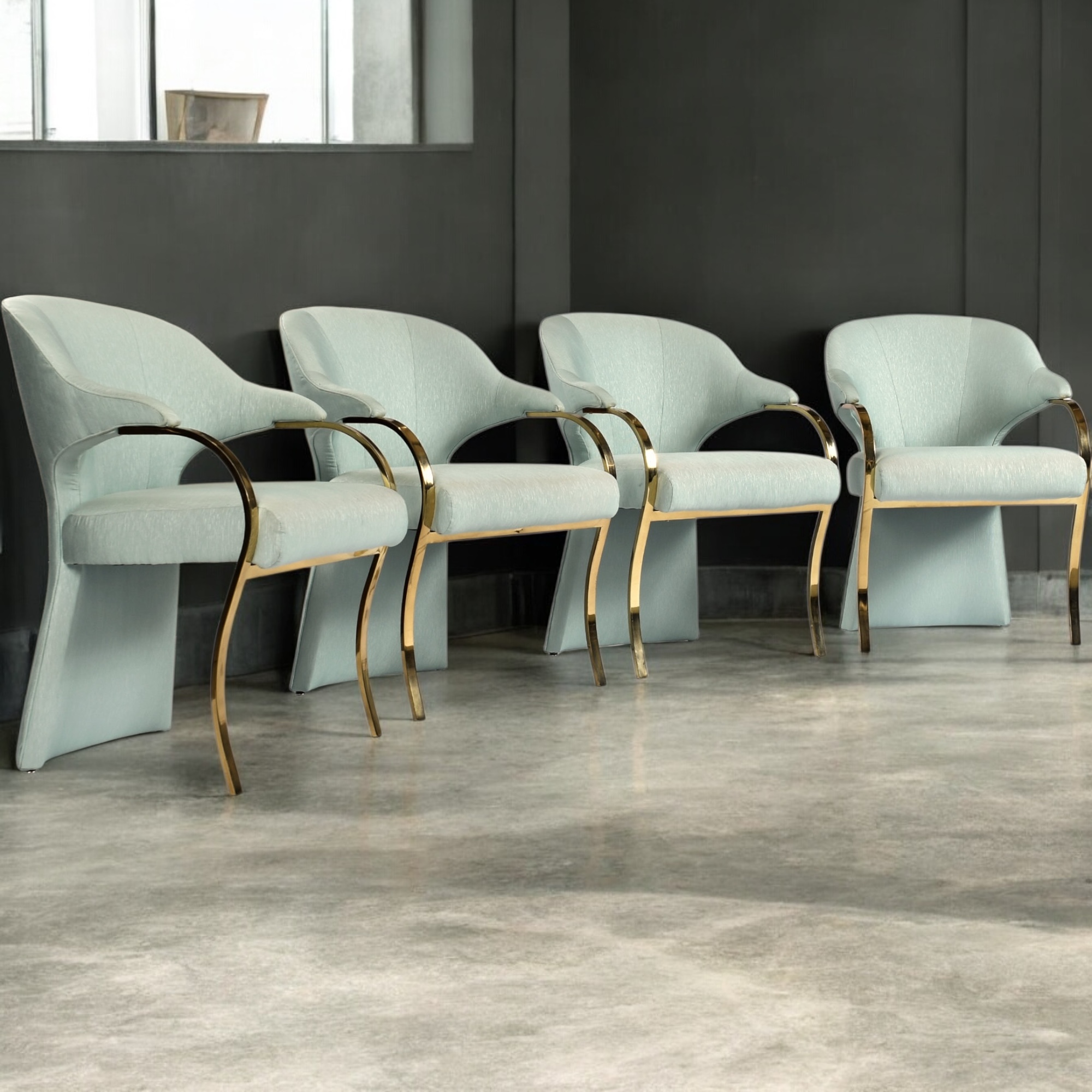 Carsons whale tale Art Deco dining chairs seafoam green and gold 1980s