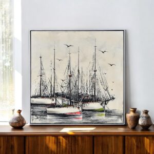 Mid-Century Modern Black and Cream Nautical Sailboat Painting by R. Styles