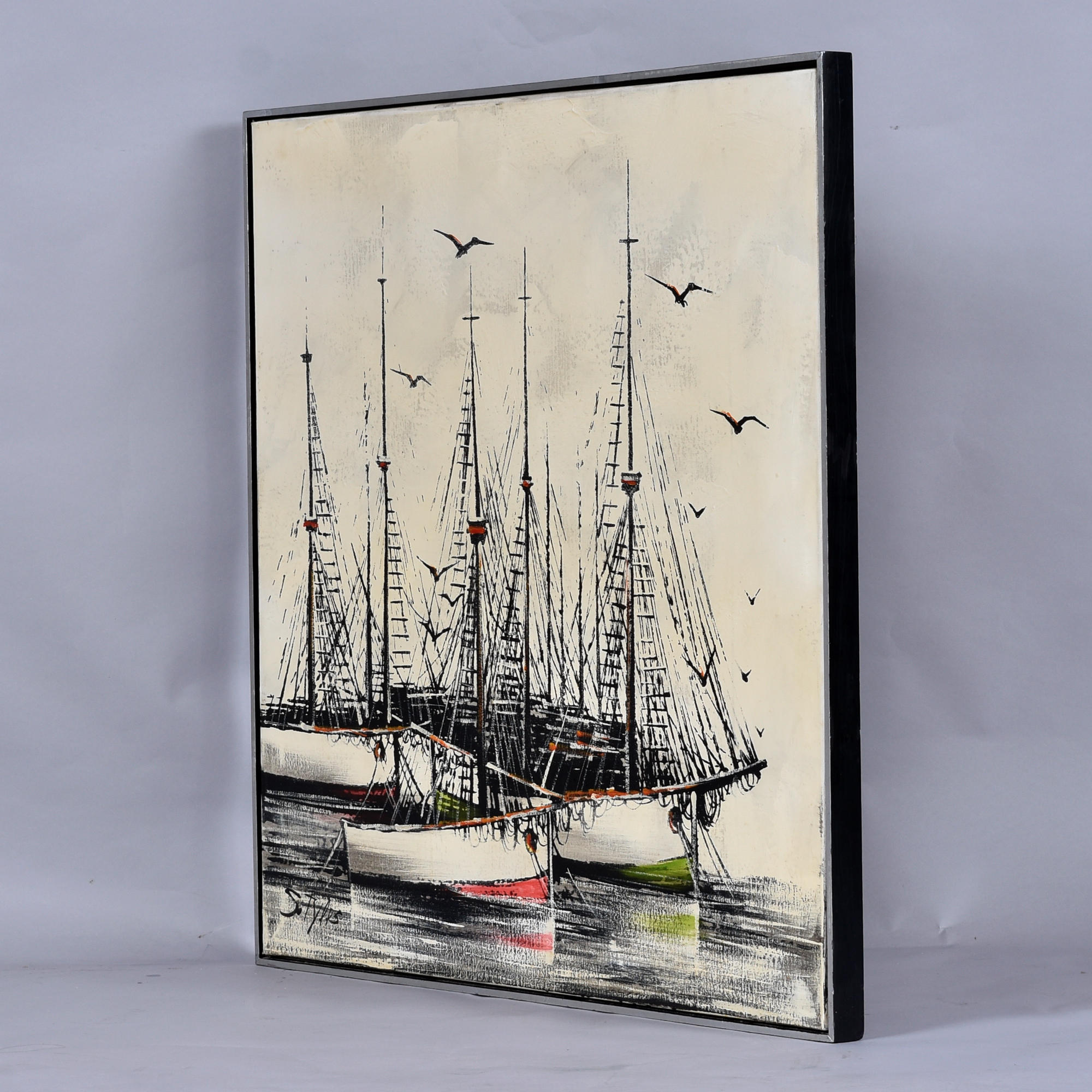 Mid-Century Modern Black and Cream Nautical Sailboat Painting by R. Styles - Image 4