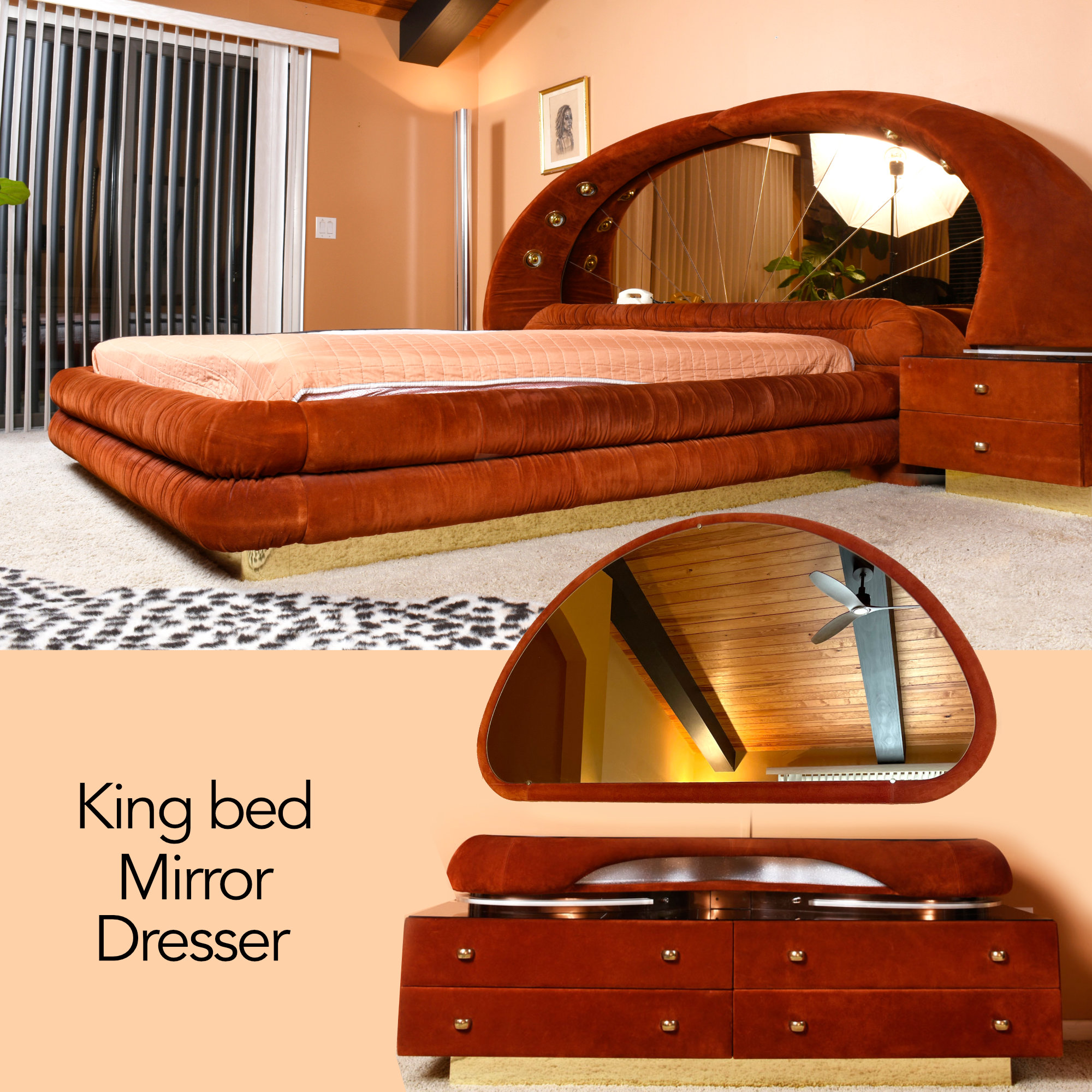 Verardo King Size red suede Italian light up bedroom set with stereo headboard 1970s