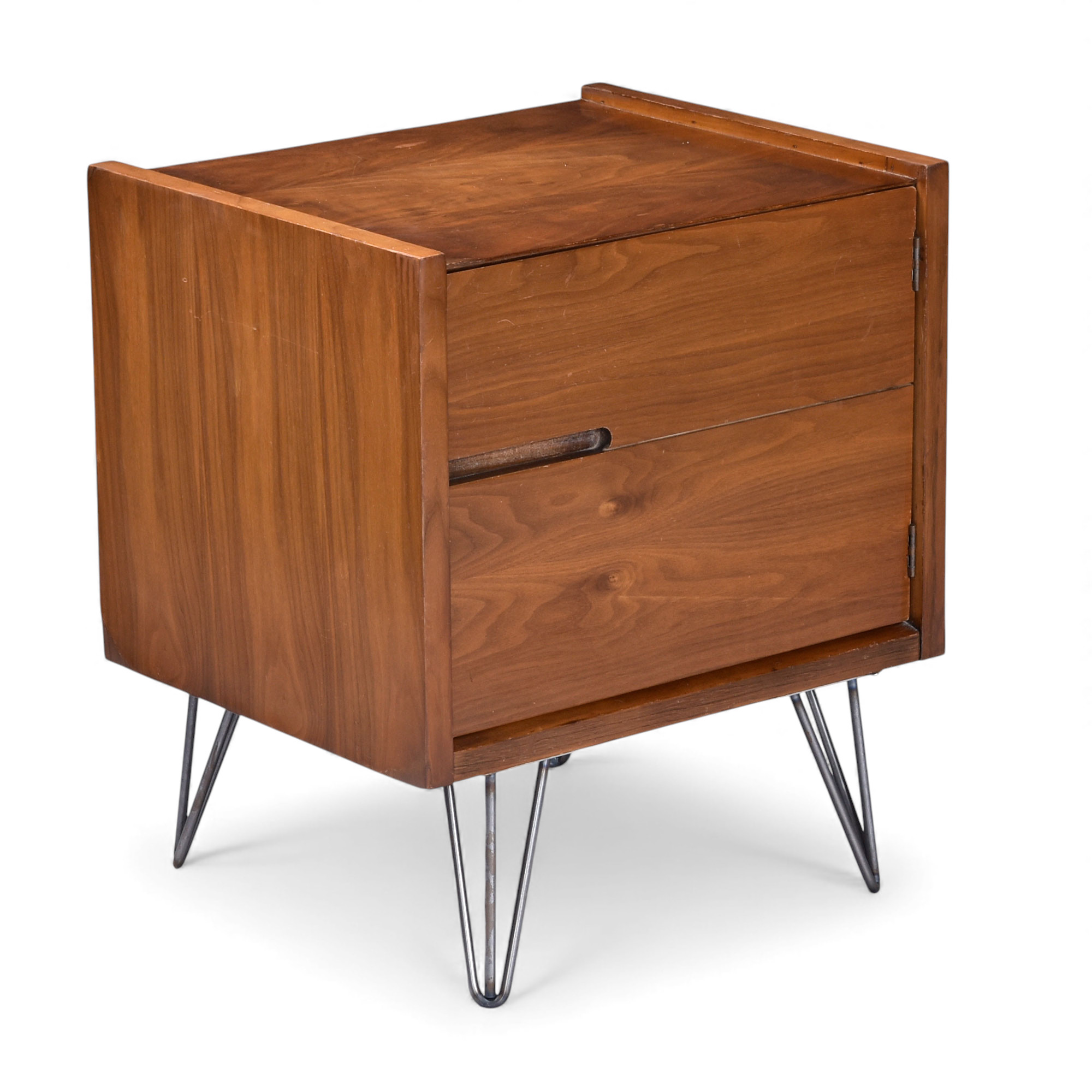 Mid-Century Modern walnut nightstands with hairpin legs