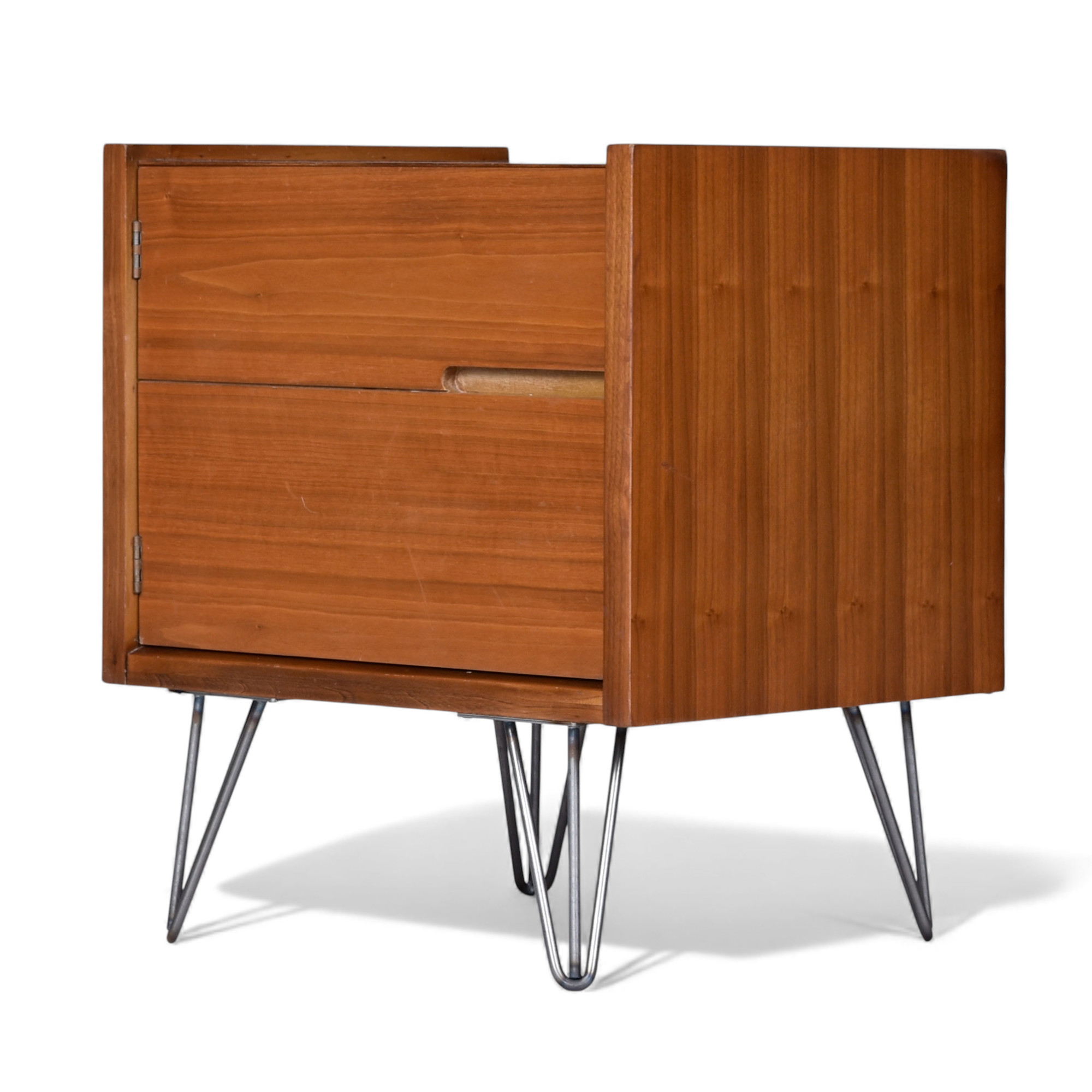 Mid-Century Modern walnut nightstands with hairpin legs