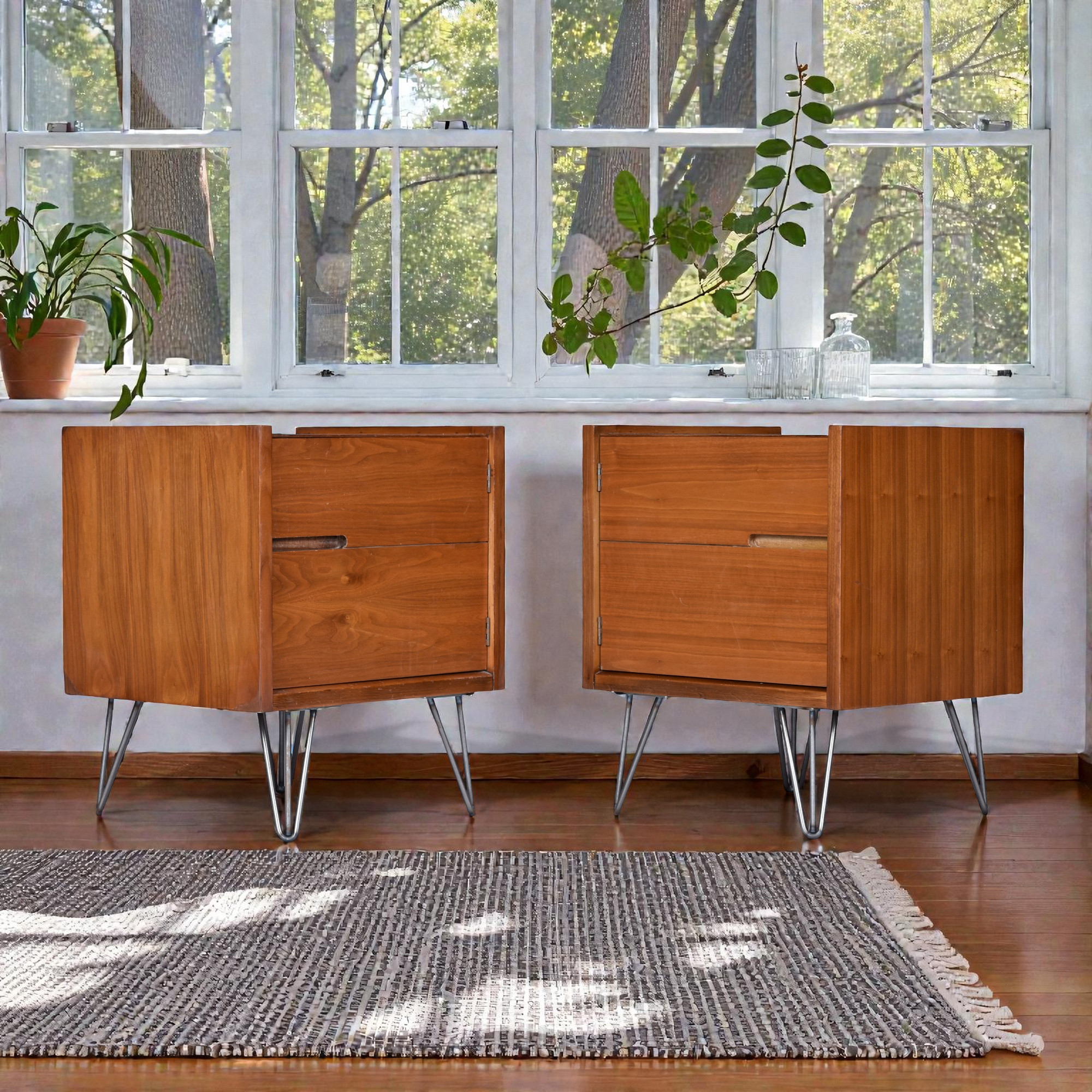 Mid-Century Modern walnut nightstands with hairpin legs
