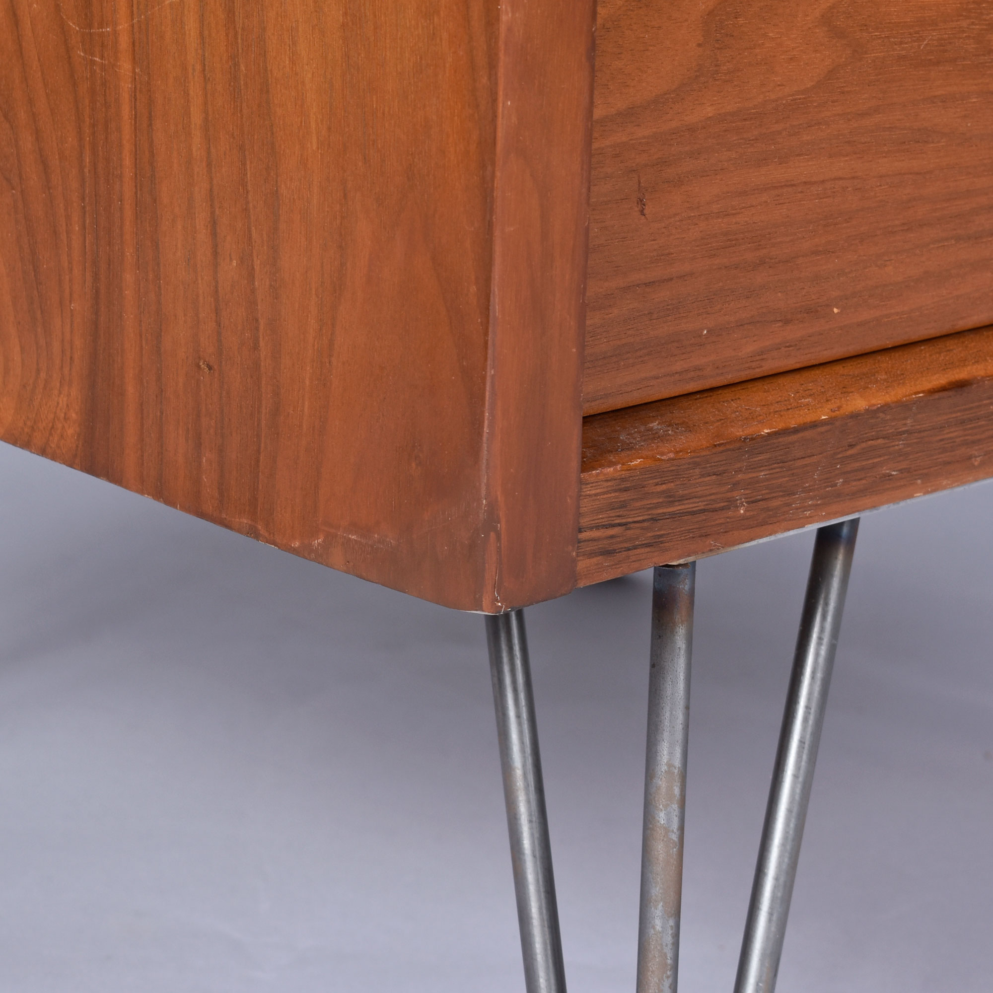 Mid-Century Modern walnut nightstands with hairpin legs
