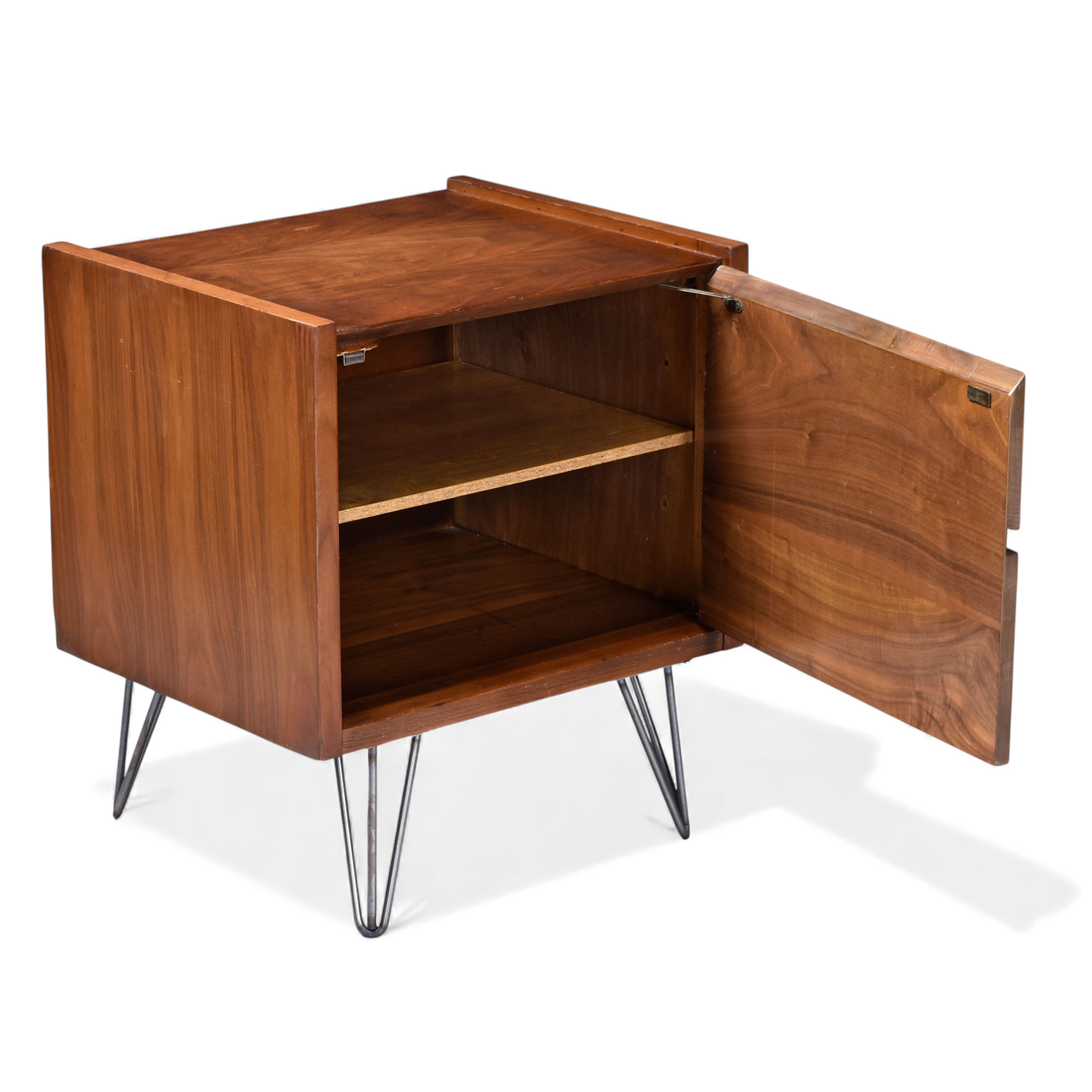 Mid-Century Modern walnut nightstands with hairpin legs