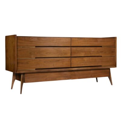 Hoke Products Mid-Century Modern walnut dresser with brass accents