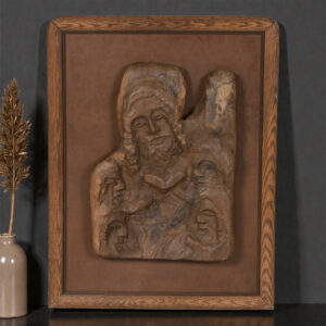 Hand-Carved Wood Relief Portrait with Leather Backdrop and Oak Frame