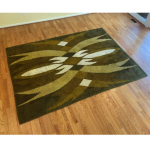 Scandinavian Wool Rya Rug 11 feet by 8 feet Olive Green Beige Cream