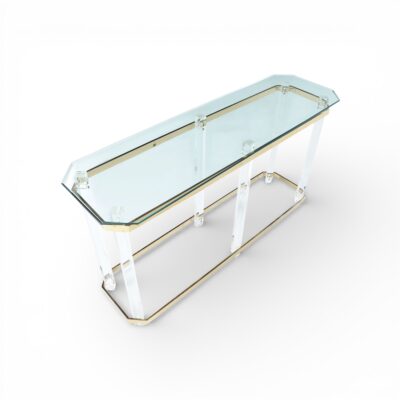 Lucite Charles Hollis Jones style sofa table with brass accents