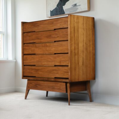 Hoke Wood Products Mid-Century Modern highboy dresser with brass accents