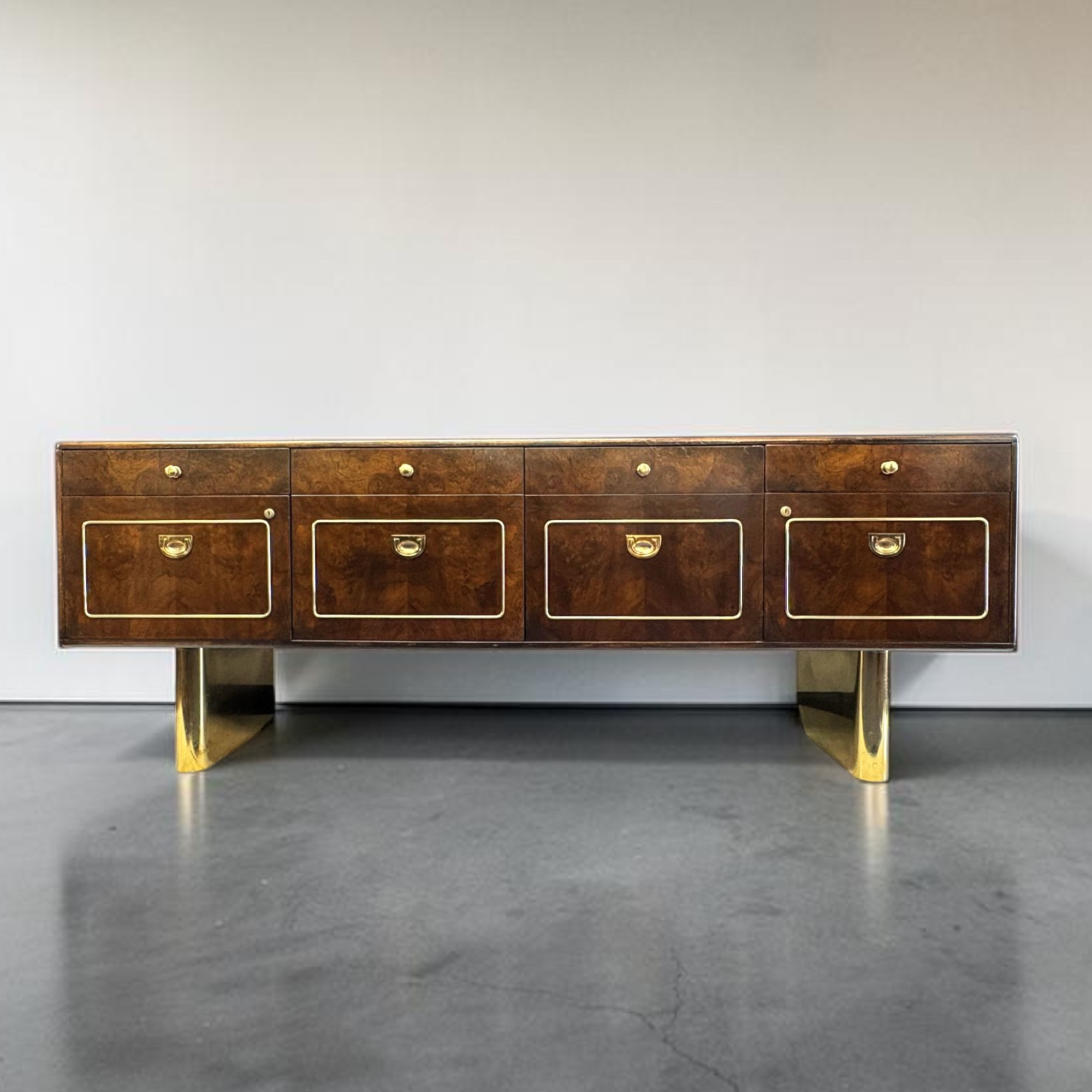 Romweber burl walnut and gold accent 1970s credenza with filing cabinet