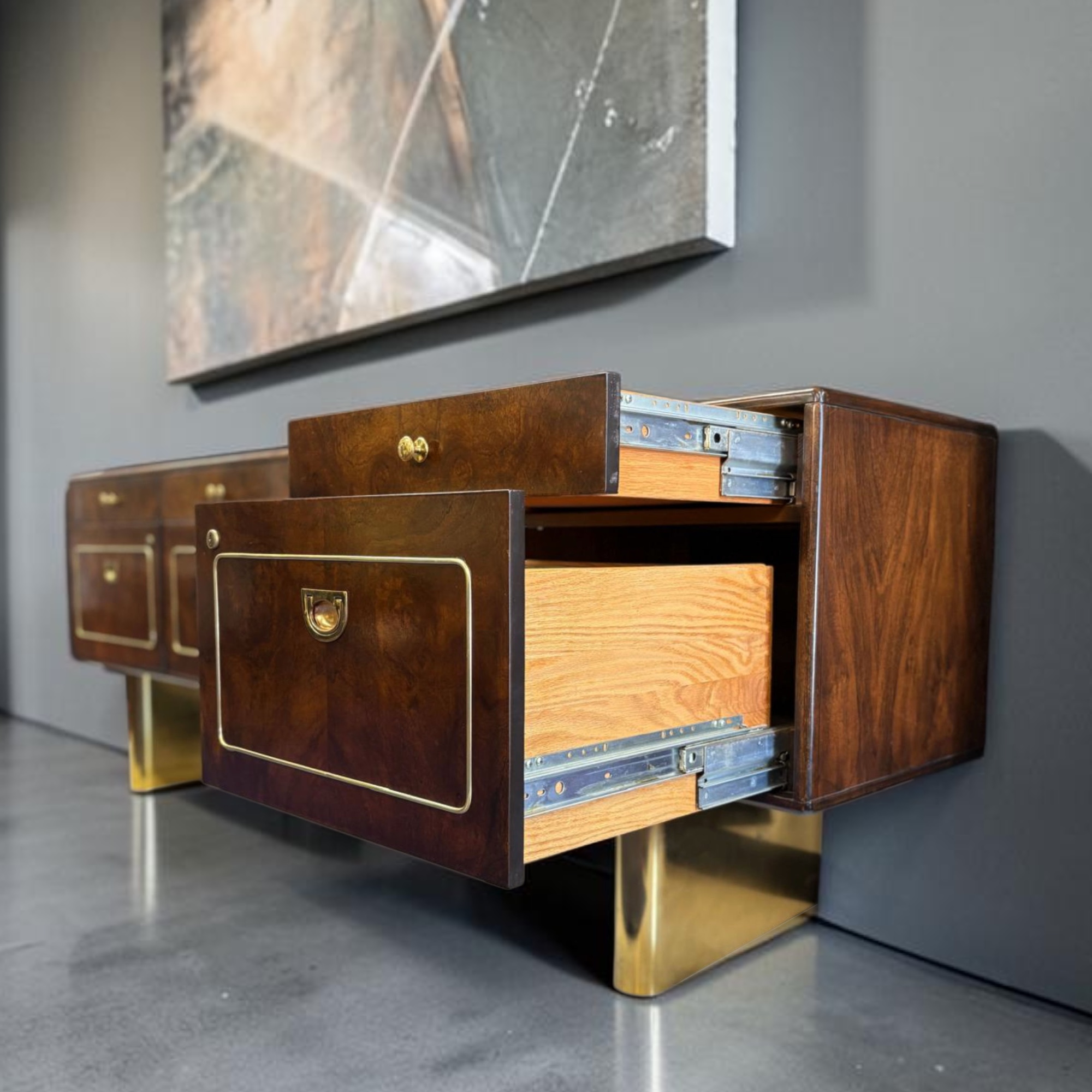 Romweber burl walnut and gold accent 1970s credenza with filing cabinet