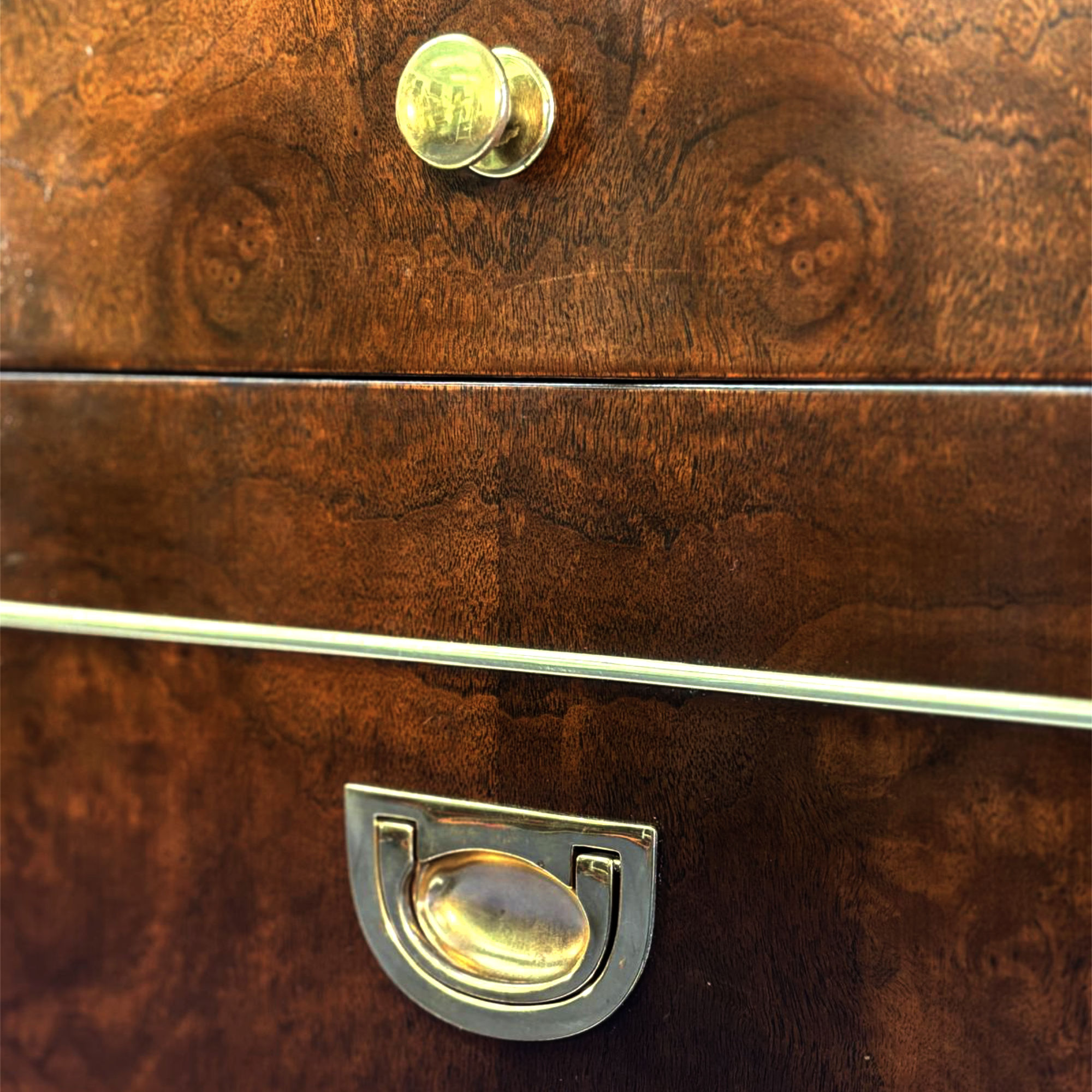 Romweber burl walnut and gold accent 1970s credenza with filing cabinet