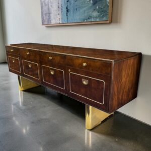1970s Romweber Burled Walnut Gold Accent Credenza with Filing Drawers