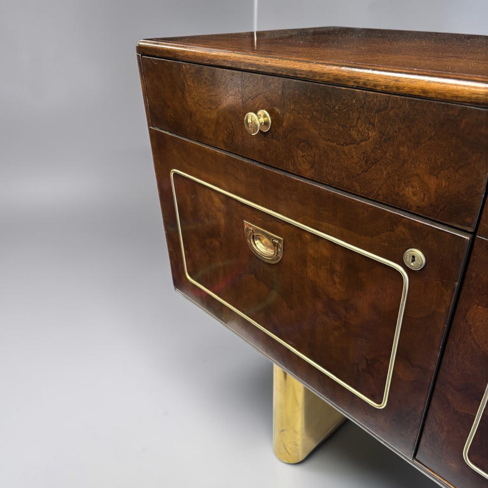 Romweber burl walnut and gold accent 1970s credenza with filing cabinet