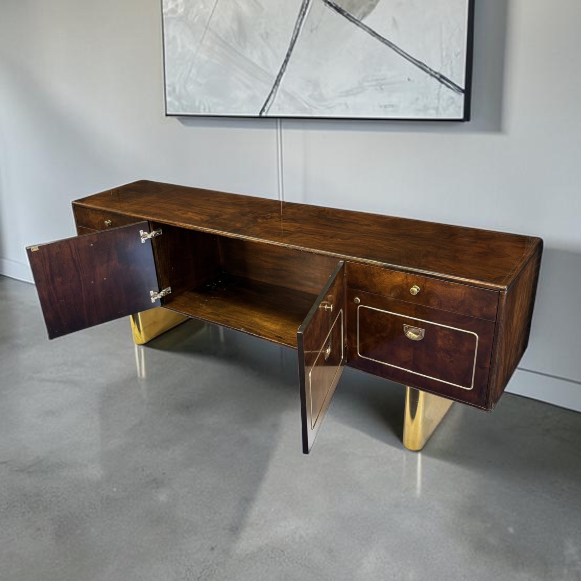 Romweber burl walnut and gold accent 1970s credenza with filing cabinet