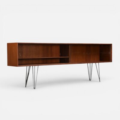 Danish teak cabinet with sliding glass doors and finished back