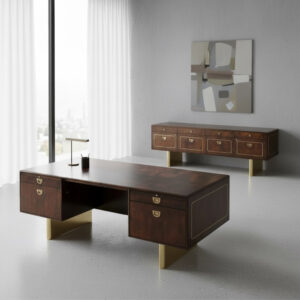 1970s Romweber Burl Wood and Gold Trim Executive Desk and Credenza Set