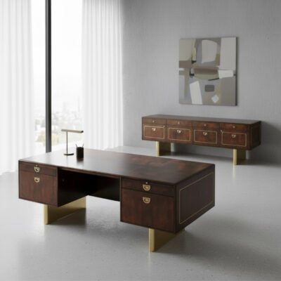 Romweber 1970s executive desk and credenza burl wood and brass office furniture suite