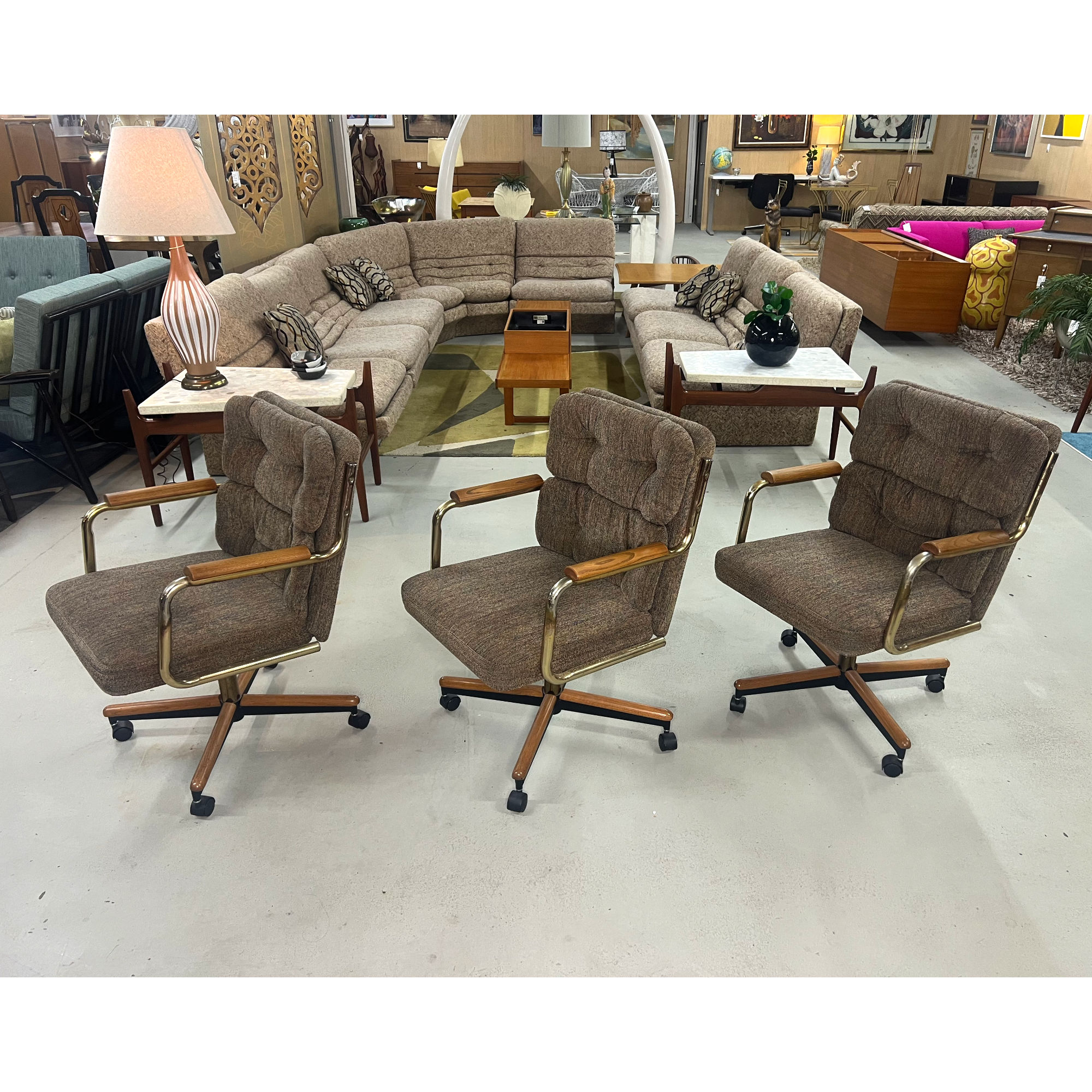 Stoneville taupe gold and oak swivel chairs on casters