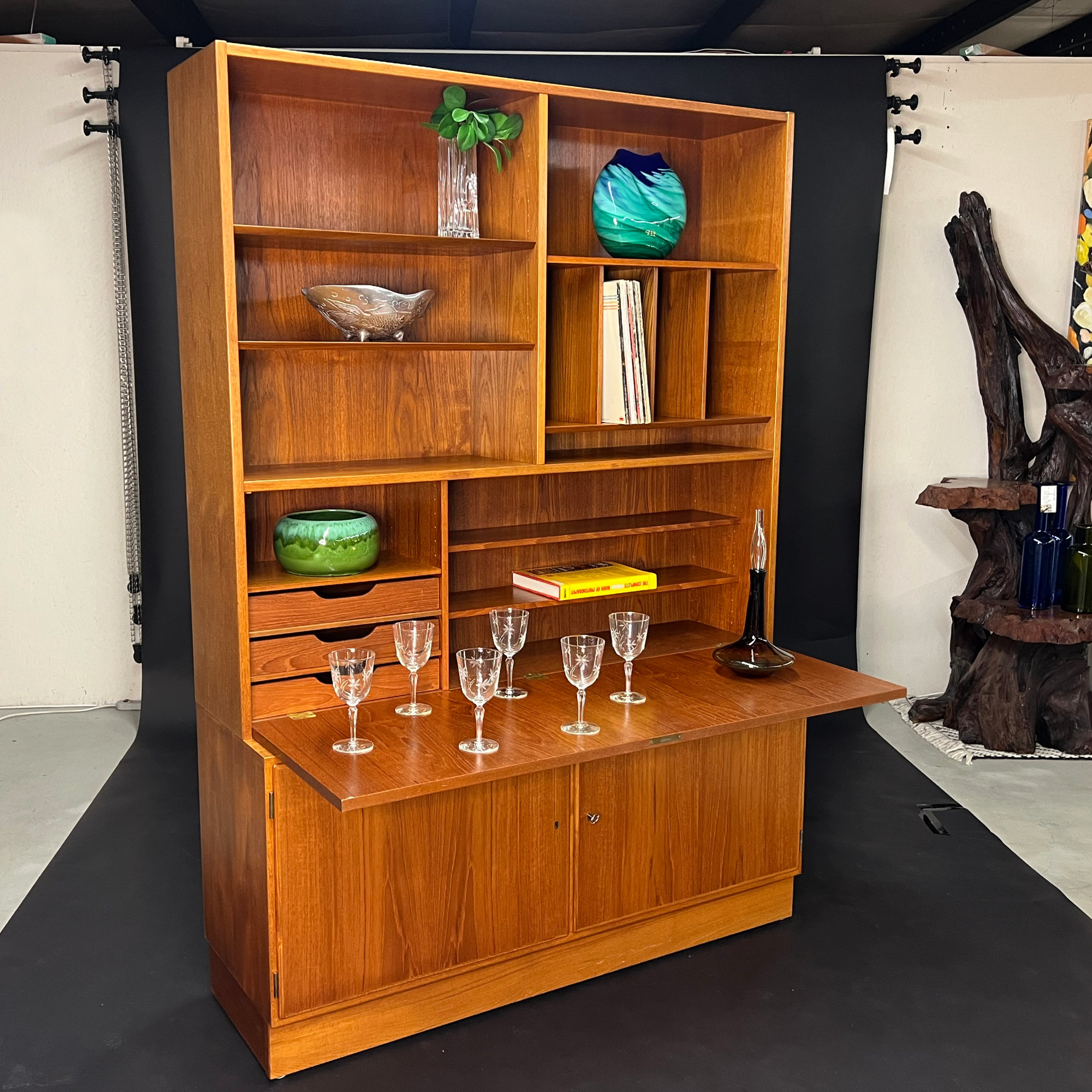 Poul Hundevad Danish teak bookcase hutch with dropdown secretary